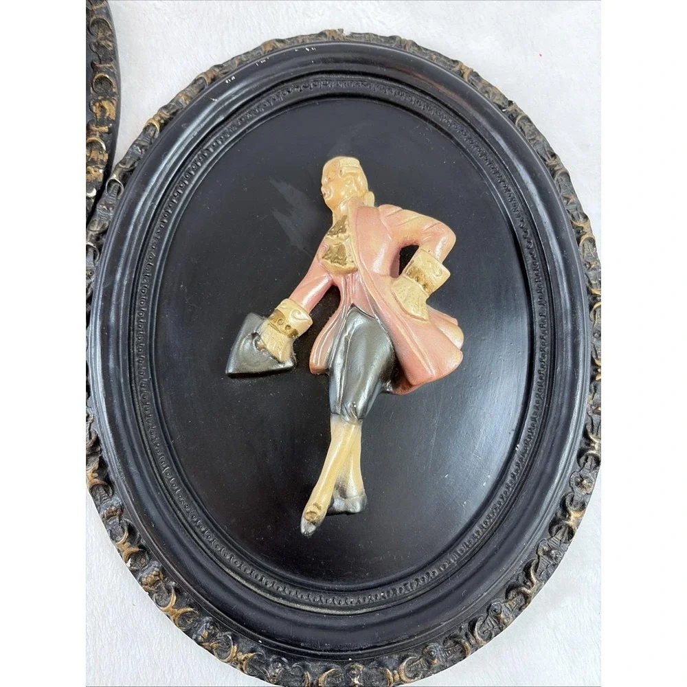Vintage Chalkware 3D Wall Plaques Pair Mid Century Victorian Courting Couple GVC